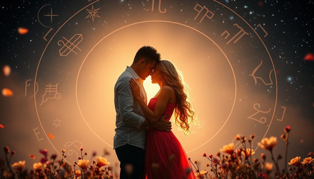 A romantic zodiac scene depicting the compatibility of astrological signs. У довколишньому, набрягаючий pár, що становлять Leo sign, зображений на soft, warm glow and delicate flower petals. intertwined to symbolize відносини і зв'язки. and compatibility.