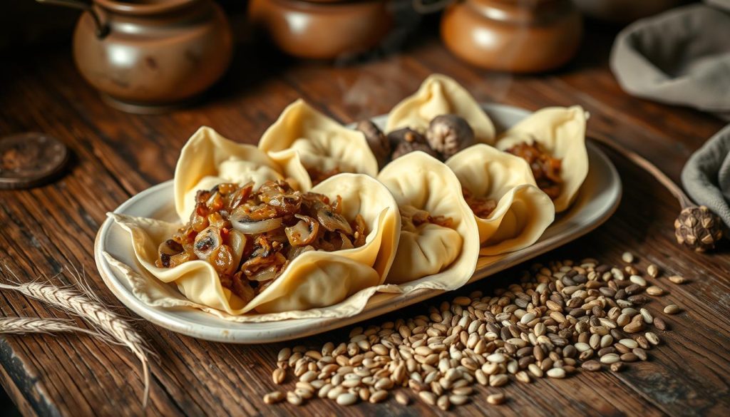 A rustic wooden table set with a steaming platter of homemade varenyky, traditional Ukrainian dumplings. The dough is delicate and golden, filled with a savory blend of sautéed onions, mushrooms, and herbs. Beside the varenyky, a scattering of whole grains and seeds, such as wheat, barley, and sunflower, symbolizing the prosperity and good fortune associated with this ancient divination ritual. Soft, warm lighting casts a cozy glow, evoking the comfort and nostalgia of a winter kitchen. The scene conveys a sense of tradition, comfort, and the promise of clairvoyant insights through the ritual of preparing and consuming these mystical dumplings. A rustic wooden table set with a steaming platter of homemade varenyky, traditional Ukrainian dumplings. The dough is delicate and golden, filled with a savory blend of sautéed onions, mushrooms, and herbs. Beside the varenyky, a scattering of whole grains and seeds, such as wheat, barley, and sunflower, symbolizing the prosperity and good fortune associated with this ancient divination ritual. Soft, warm lighting casts a cozy glow, evoking the comfort and nostalgia of a winter kitchen. The scene conveys a sense of tradition, comfort, and the promise of clairvoyant insights through the ritual of preparing and consuming these mystical dumplings.
