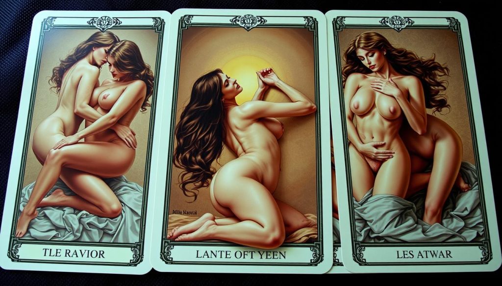 A sensual tarot deck in the style of Milo Manara, depicting a collection of erotic, provocative illustrations. The cards feature graceful, alluring figures in intimate, suggestive poses, masterfully rendered in a signature style blending realism and artistic flair. Soft lighting accentuates the elegant lines and curves of the human form, creating an atmosphere of passion and desire. The deck invites the viewer to explore the boundaries of the senses and the imagination, catering to an audience seeking a more daring, unapologetic take on the traditional tarot experience. A sensual tarot deck in the style of Milo Manara, depicting a collection of erotic, provocative illustrations. The cards feature graceful, alluring figures in intimate, suggestive poses, masterfully rendered in a signature style blending realism and artistic flair. Soft lighting accentuates the elegant lines and curves of the human form, creating an atmosphere of passion and desire. The deck invites the viewer to explore the boundaries of the senses and the imagination, catering to an audience seeking a more daring, unapologetic take on the traditional tarot experience.