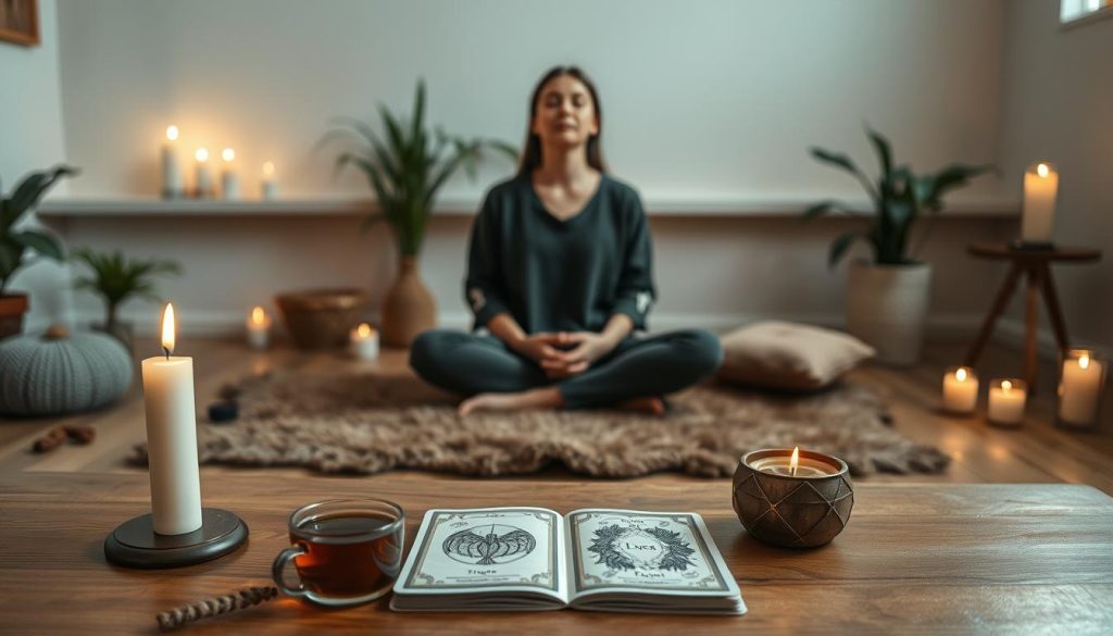 A serene and cozy interior, softly lit by candles and natural light. A wooden table in the foreground holds a open oracle card deck, accompanied by a cup of tea and other ritual items. In the middle ground, a person sits cross-legged on a plush rug, their eyes closed as they focus inwardly, preparing their intuition before a divination session. The background features a minimalist, calming space with plants and natural textures, creating an atmosphere of contemplation and spiritual connection. A serene and cozy interior, softly lit by candles and natural light. A wooden table in the foreground holds a open oracle card deck, accompanied by a cup of tea and other ritual items. In the middle ground, a person sits cross-legged on a plush rug, their eyes closed as they focus inwardly, preparing their intuition before a divination session. The background features a minimalist, calming space with plants and natural textures, creating an atmosphere of contemplation and spiritual connection.