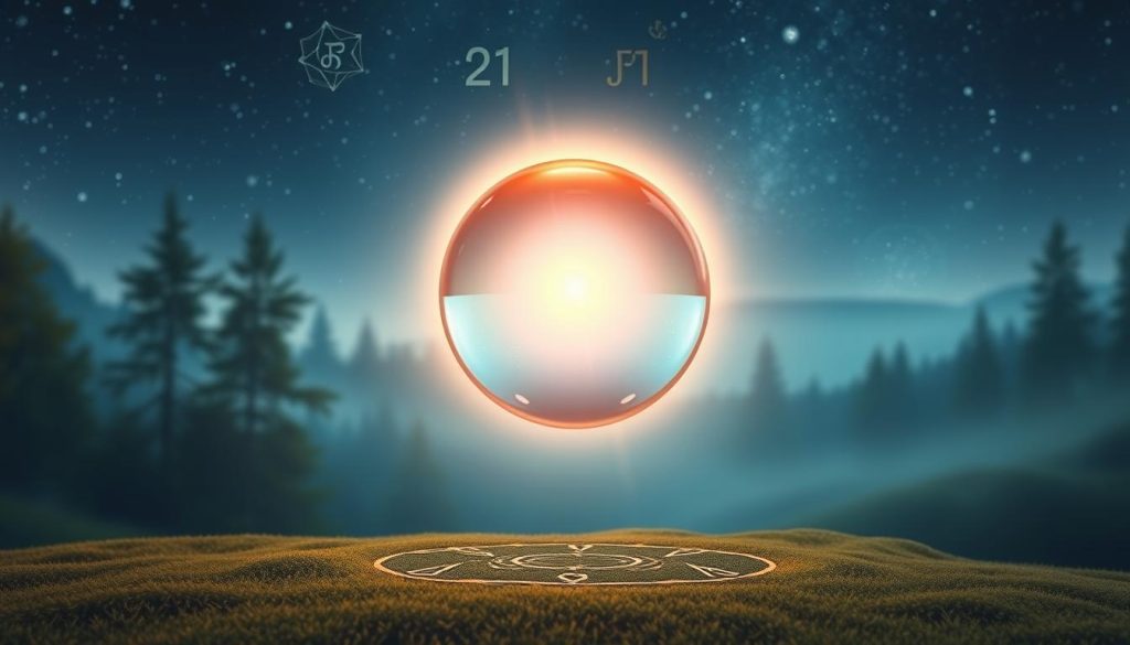 A serene and tranquil landscape with a beautiful crystal ball floating in the foreground, emitting a soft, warm glow. The ball is surrounded by a halo of ethereal light, symbolizing the clarity and insight it provides. In the middle ground, there are several mystical symbols and runes scattered around, hinting at the depth and complexity of the divination process. The background is a soothing and calming scene, with a starry night sky or a peaceful forest setting, conveying a sense of harmony and connection with the natural world. The overall atmosphere is one of wonder, enchantment, and the promise of a brighter future.