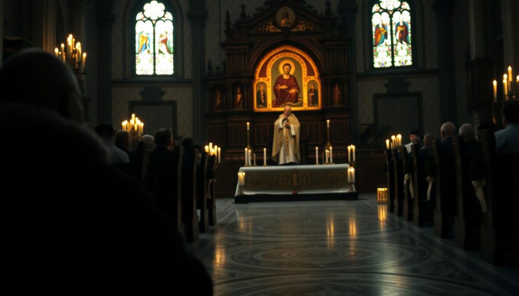 A serene, dimly lit interior of a traditional Orthodox Christian church, the warm glow of candles casting a soft, reverent light across the ornately carved wooden iconostasis adorned with intricate religious imagery. In the foreground, a devout parishioner kneels in prayer, their face etched with solemn concentration. The middle ground features the intricate patterns of the church's mosaic floor, leading the eye towards the altar, where a priest in ceremonial robes presides over a somber ritual. In the background, stained glass windows filter in a muted, ethereal light, creating an atmosphere of timeless spirituality and connection to the divine. A serene, dimly lit interior of a traditional Orthodox Christian church, the warm glow of candles casting a soft, reverent light across the ornately carved wooden iconostasis adorned with intricate religious imagery. In the foreground, a devout parishioner kneels in prayer, their face etched with solemn concentration. The middle ground features the intricate patterns of the church's mosaic floor, leading the eye towards the altar, where a priest in ceremonial robes presides over a somber ritual. In the background, stained glass windows filter in a muted, ethereal light, creating an atmosphere of timeless spirituality and connection to the divine.