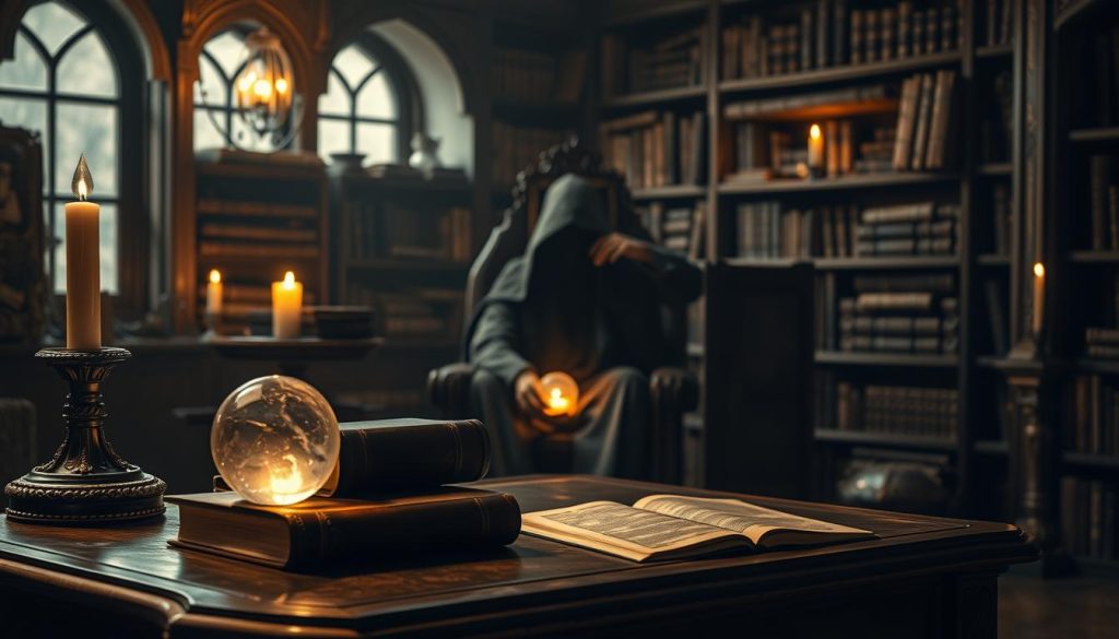 A serene, dimly lit study with a warm, cozy atmosphere. In the foreground, ornate wooden desk holds a stack of leather-bound books and a crystal ball casting a soft, ethereal glow. In the middle ground, in hooded figure illuminated by the flickering candlelight. The background is filled with shelves of ancient tomes, scrolls, and mystical artifacts, creating a sense of timeless wisdom and knowledge. і «як це працює» section of the article. width=