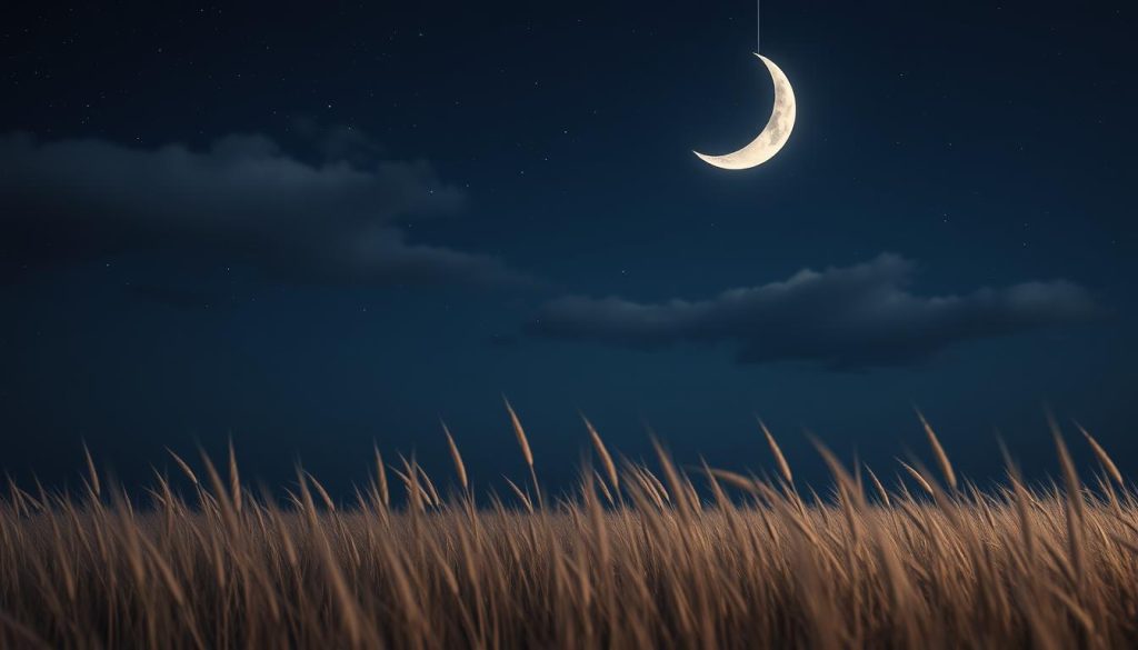 A serene, ethereal depiction of the moon suspended in a starry night sky. The crescent moon hangs gracefully, its silvery glow illuminating the landscape below. The night is tranquil, with wispy clouds drifting across the indigo heavens. In the foreground, a softly undulating field of tall grasses sways gently in the breeze. The overall mood is one of quiet contemplation, inviting the viewer to ponder the lunar cycles and their influence on mood and emotion. A serene, ethereal depiction of the moon suspended in a starry night sky. The crescent moon hangs gracefully, its silvery glow illuminating the landscape below. The night is tranquil, with wispy clouds drifting across the indigo heavens. In the foreground, a softly undulating field of tall grasses sways gently in the breeze. The overall mood is one of quiet contemplation, inviting the viewer to ponder the lunar cycles and their influence on mood and emotion.