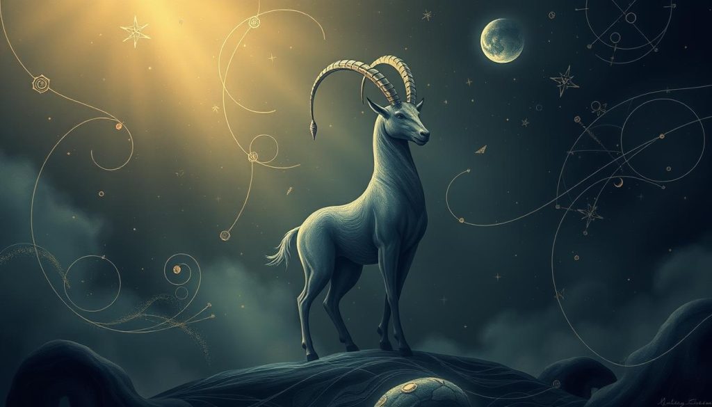 A serene, ethereal illustration of the horoscope for the Capricorn sign. Set against a moody, atmospheric background of swirling celestial motifs and cosmic patterns, a central figure representing the Capricorn zodiac symbol stands tall and proud, adorned with subtle, intricate details that evoke the stoic, ambitious nature of this earth sign. Soft, diffused lighting bathes the scene in a warm, contemplative glow, conveying a sense of introspection and quiet strength. The overall aesthetic is elegant, mystical, and deeply in tune with the natural world, mirroring the Capricorn's grounded, disciplined personality. A serene, ethereal illustration of the horoscope for the Capricorn sign. Set against a moody, atmospheric background of swirling celestial motifs and cosmic patterns, a central figure representing the Capricorn zodiac symbol stands tall and proud, adorned with subtle, intricate details that evoke the stoic, ambitious nature of this earth sign. Soft, diffused lighting bathes the scene in a warm, contemplative glow, conveying a sense of introspection and quiet strength. The overall aesthetic is elegant, mystical, and deeply in tune with the natural world, mirroring the Capricorn's grounded, disciplined personality.