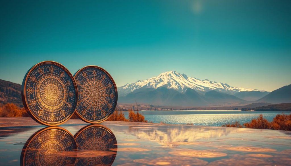 A serene, ethereal landscape bathed in a warm, golden glow. In the foreground, a pair of antique mirrored surfaces reflect the intricate, interconnected patterns of the universe, creating a mesmerizing visual symphony. The middle ground features a tranquil, glimmering lake, its surface acting as a natural mirror, doubling the visual impact. In the background, a majestic, snow-capped mountain range stands tall, evoking a sense of timelessness and connection to the natural world. The scene is infused with a sense of balance, harmony, and the energy of mirrored or symmetrical dates, inviting the viewer to ponder the mysteries of the cosmos and the significance of these auspicious moments in time. A serene, ethereal landscape bathed in a warm, golden glow. In the foreground, a pair of antique mirrored surfaces reflect the intricate, interconnected patterns of the universe, creating a mesmerizing visual symphony. The middle ground features a tranquil, glimmering lake, its surface acting as a natural mirror, doubling the visual impact. In the background, a majestic, snow-capped mountain range stands tall, evoking a sense of timelessness and connection to the natural world. The scene is infused with a sense of balance, harmony, and the energy of mirrored or symmetrical dates, inviting the viewer to ponder the mysteries of the cosmos and the significance of these auspicious moments in time.