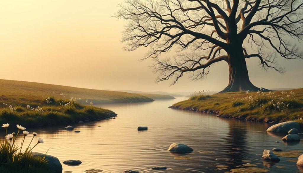 A serene, ethereal landscape depicting the interconnectedness of numbers and life. In the foreground, a tranquil stream flows, its surface reflecting the mystical symbols of numerology. Delicate floral motifs, representing the cyclical nature of existence, adorn the banks. In the middle ground, a towering tree with branches reaching skyward symbolizes the growth and transformation inherent in numerological principles. The background is a soft, hazy sky, bathed in a warm, golden light, conveying a sense of enlightenment and spiritual awareness. The overall scene evokes a contemplative mood, inviting the viewer to ponder the deeper meanings and insights that can be gleaned from the study of numbers and their influence on our lives.