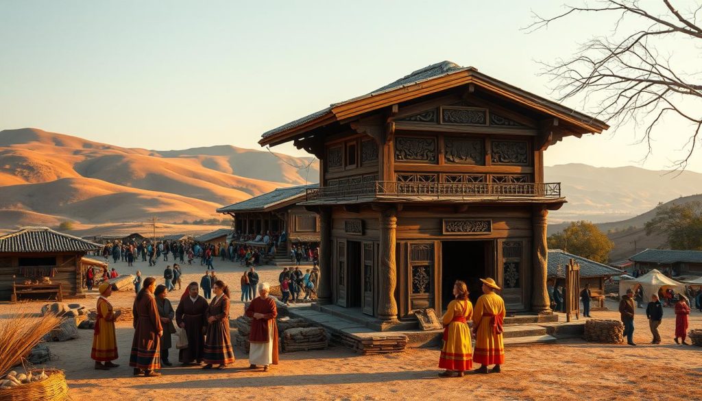 A serene landscape showcasing the preservation of cultural heritage. In the foreground, a group of people in traditional folk costumes gather around a centuries-old wooden structure, its weathered walls and intricate carvings reflecting the passage of time. The middle ground features a bustling village scene, with artisans demonstrating their crafts and locals engaged in vibrant festivities. In the background, rolling hills and a clear sky create a sense of timelessness, as if this moment has been frozen in time. Warm, golden lighting bathes the scene, evoking a nostalgic and reverent atmosphere. The composition emphasizes the harmony between the historic and the contemporary, underscoring the importance of safeguarding cultural legacies for future generations. A serene landscape showcasing the preservation of cultural heritage. In the foreground, a group of people in traditional folk costumes gather around a centuries-old wooden structure, its weathered walls and intricate carvings reflecting the passage of time. The middle ground features a bustling village scene, with artisans demonstrating their crafts and locals engaged in vibrant festivities. In the background, rolling hills and a clear sky create a sense of timelessness, as if this moment has been frozen in time. Warm, golden lighting bathes the scene, evoking a nostalgic and reverent atmosphere. The composition emphasizes the harmony between the historic and the contemporary, underscoring the importance of safeguarding cultural legacies for future generations.