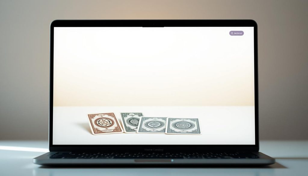 A serene, minimalist online tarot card reading layout displayed on a laptop screen. The foreground features three tarot cards arranged elegantly, their intricate designs and symbols glowing with a soft, warm light. The middle ground showcases a clean, modern user interface with intuitive navigation controls, allowing the user to effortlessly select and interpret the cards. The background subtly fades into a calming, neutral color palette, creating a sense of focus and tranquility. Soft, diffused lighting illuminates the scene, evoking a contemplative and spiritual atmosphere. The overall composition conveys a user-friendly, digital interpretation of the traditional tarot reading experience.