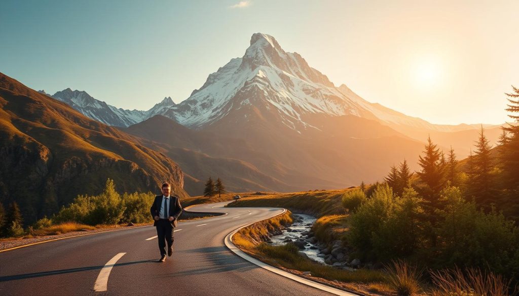 A serene mountain landscape with a winding road leading up to a rugged, snow-capped peak. In the foreground, a determined figure dressed in professional attire strides purposefully, symbolizing the Capricorn's career ambition and drive to reach the summit. The mid-ground features lush, verdant foliage and a tranquil stream, conveying a sense of balance and grounding. The background is bathed in warm, golden light, creating a sense of achievement and success. The overall composition evokes the Capricorn's unwavering focus, discipline, and steady climb to the top. A serene mountain landscape with a winding road leading up to a rugged, snow-capped peak. In the foreground, a determined figure dressed in professional attire strides purposefully, symbolizing the Capricorn's career ambition and drive to reach the summit. The mid-ground features lush, verdant foliage and a tranquil stream, conveying a sense of balance and grounding. The background is bathed in warm, golden light, creating a sense of achievement and success. The overall composition evokes the Capricorn's unwavering focus, discipline, and steady climb to the top.