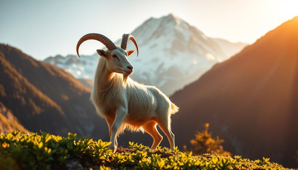 A serene mountainous landscape with a majestic snow-capped peak in the background, bathed in warm golden sunlight. In the foreground, a mystical goat-like creature, the embodiment of the Capricorn zodiac sign, stands proud and regal, its coat shimmering with an ethereal aura. The creature's horns curve gracefully, symbolizing the sign's determined, ambitious nature. The mid-ground features lush, verdant foliage, conveying the Capricorn's grounded, practical approach to life. The overall atmosphere is one of tranquility, strength, and a connection to the natural world. A serene mountainous landscape with a majestic snow-capped peak in the background, bathed in warm golden sunlight. In the foreground, a mystical goat-like creature, the embodiment of the Capricorn zodiac sign, stands proud and regal, its coat shimmering with an ethereal aura. The creature's horns curve gracefully, symbolizing the sign's determined, ambitious nature. The mid-ground features lush, verdant foliage, conveying the Capricorn's grounded, practical approach to life. The overall atmosphere is one of tranquility, strength, and a connection to the natural world.
