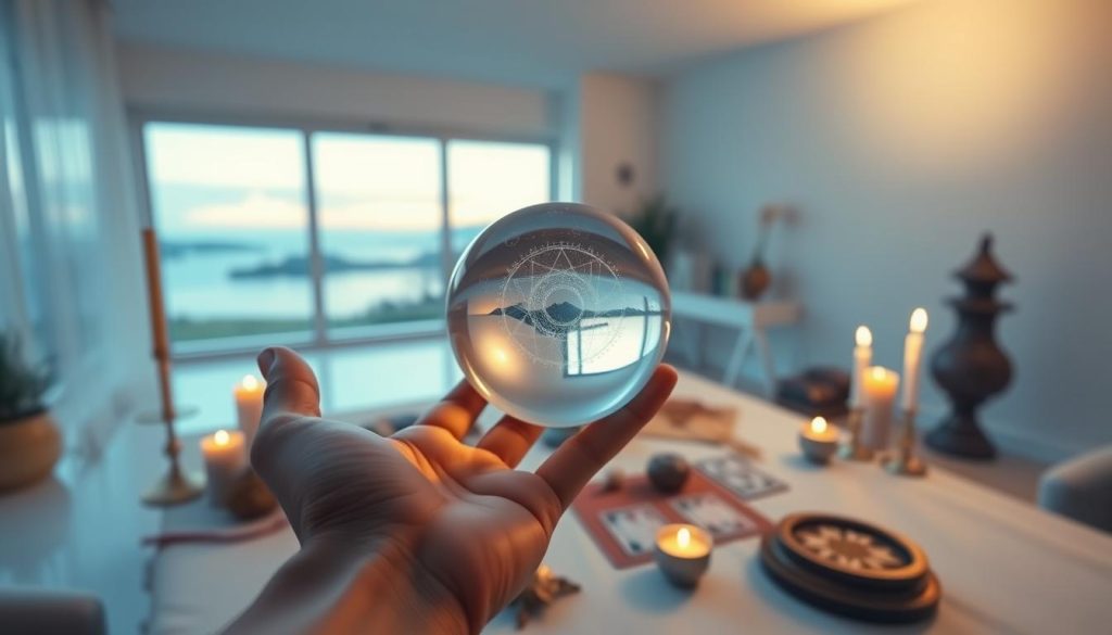 A serene online fortune-telling scene. In the foreground, a hand holds a crystal ball, its iridescent surface reflecting the future. The middle ground shows a mystical desktop setup with candles, tarot cards, and other divination tools. In the background, a softly lit, minimalist interior with a large window overlooking a tranquil landscape. Gentle lighting creates a calming, ethereal atmosphere. The composition emphasizes the connection between the physical tools and the unseen spiritual realm. The overall mood is one of introspection, insight, and a sense of the unknown.