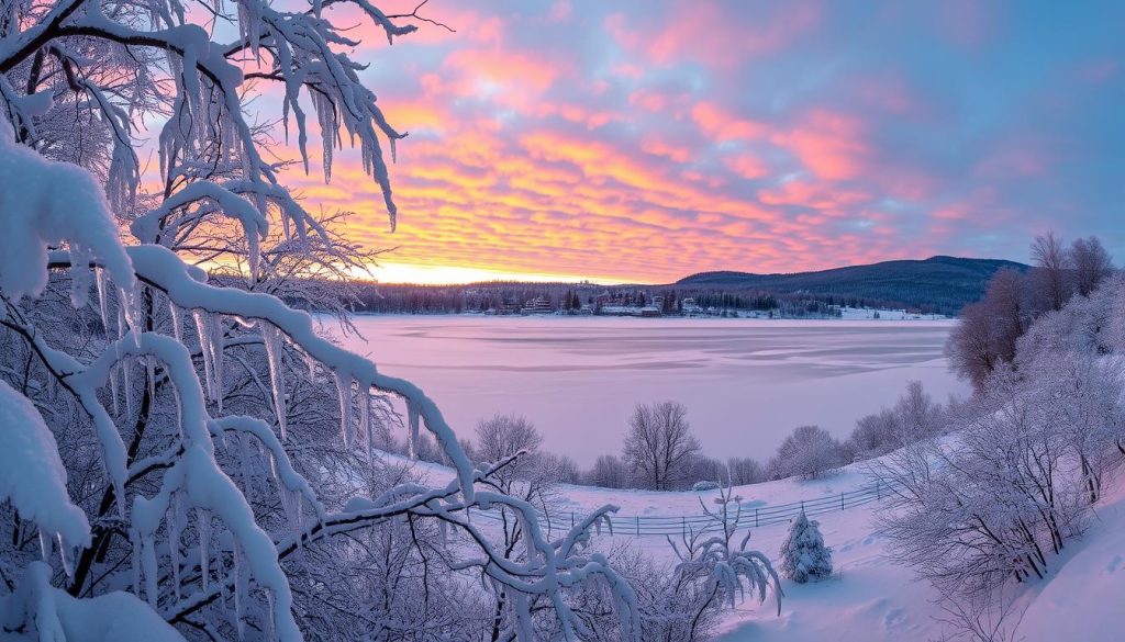 A serene winter landscape on January 14, 2026, captured in a panoramic view. Snow-covered trees and glistening icicles adorn the foreground, while a quaint village nestled in the distance is bathed in the warm glow of the setting sun. In the midground, a frozen lake reflects the vibrant hues of the sky, which is painted with shades of orange, pink, and purple. The overall atmosphere is one of tranquility and beauty, evoking the essence of the Ukrainian holiday "Svyata Sichnya" (Feast of January) celebrated on this day. A serene winter landscape on January 14, 2026, captured in a panoramic view. Snow-covered trees and glistening icicles adorn the foreground, while a quaint village nestled in the distance is bathed in the warm glow of the setting sun. In the midground, a frozen lake reflects the vibrant hues of the sky, which is painted with shades of orange, pink, and purple. The overall atmosphere is one of tranquility and beauty, evoking the essence of the Ukrainian holiday "Svyata Sichnya" (Feast of January) celebrated on this day.