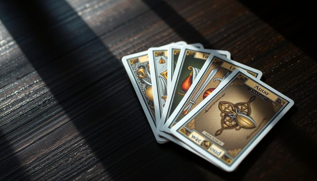 A set of tarot cards for beginners, resting on a dark wooden table. The cards feature classic tarot imagery - intricate illustrations of swords, cups, pentacles, and wands, in a muted, earthy color palette. Soft, diffuse lighting from above casts gentle shadows, creating a contemplative, mystical atmosphere. The cards are arranged in a fan shape, inviting the viewer to examine their details. The background is blurred, placing the focus entirely on the tarot deck - a tool for self-discovery and divination, accessible to those new to the practice. A set of tarot cards for beginners, resting on a dark wooden table. The cards feature classic tarot imagery - intricate illustrations of swords, cups, pentacles, and wands, in a muted, earthy color palette. Soft, diffuse lighting from above casts gentle shadows, creating a contemplative, mystical atmosphere. The cards are arranged in a fan shape, inviting the viewer to examine their details. The background is blurred, placing the focus entirely on the tarot deck - a tool for self-discovery and divination, accessible to those new to the practice.