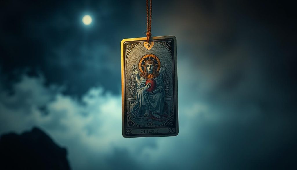 A single tarot card, artfully rendered with intricate details and a mystical atmosphere. The card is suspended in a dimly lit, atmospheric setting, casting a soft, ethereal glow. The card's artwork is highly detailed, with symbolic imagery and rich, jewel-toned hues that captivate the viewer. The background is a hazy, dreamlike landscape, with hints of celestial elements that evoke a sense of the divine and the unknown. Dramatic lighting from above casts dramatic shadows, adding depth and a sense of mystery to the scene. The composition is carefully balanced, drawing the eye to the card's central focus and creating a sense of contemplation and introspection.