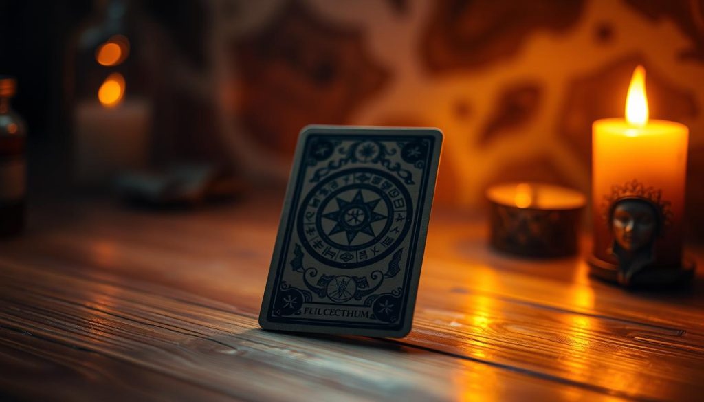 A single tarot card resting on a wooden table, casting a soft, mystical glow. The card's surface is textured, with intricate illustrations of astrological symbols and occult imagery. The background is hazy, creating a sense of depth and atmosphere. Warm, ambient lighting illuminates the scene, casting subtle shadows and highlights to accentuate the card's details. The overall mood is contemplative, inviting the viewer to ponder the card's hidden meanings and the secrets of divination.