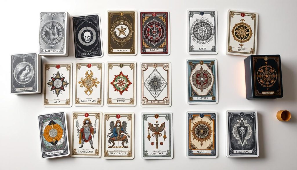 A sleek, modern online tarot card assortment, showcasing a range of intricately designed tarot decks against a clean, minimalist background. The cards are displayed in a visually appealing grid layout, with soft, diffused lighting highlighting the intricate artwork and symbolic imagery. The composition conveys a sense of sophistication and ease of access, emphasizing the convenience of ordering tarot cards online in Ukraine for divination and self-discovery. The overall mood is one of mysticism and elegance, inviting the viewer to explore the world of tarot and its potential for personal growth and insight. A sleek, modern online tarot card assortment, showcasing a range of intricately designed tarot decks against a clean, minimalist background. The cards are displayed in a visually appealing grid layout, with soft, diffused lighting highlighting the intricate artwork and symbolic imagery. The composition conveys a sense of sophistication and ease of access, emphasizing the convenience of ordering tarot cards online in Ukraine for divination and self-discovery. The overall mood is one of mysticism and elegance, inviting the viewer to explore the world of tarot and its potential for personal growth and insight.