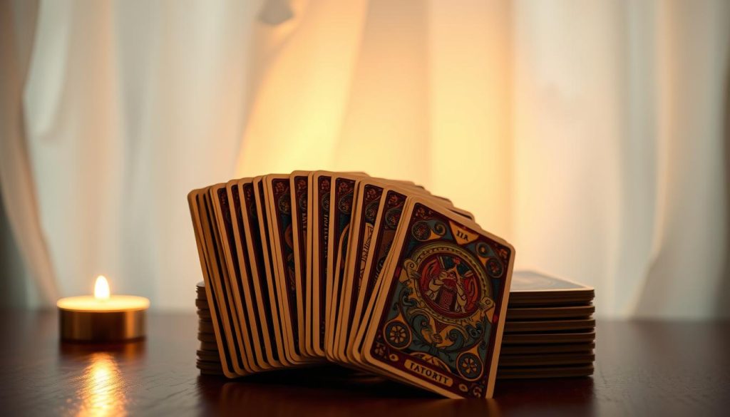 A stack of tarot cards with intricate, vibrant illustrations against a softly lit, wooden table. The cards are fanned out, inviting a closer look at their esoteric symbols and intricate designs. Warm, gentle lighting illuminates the cards, casting subtle shadows that accentuate the depth and texture of the imagery. The background is hazy, creating a sense of mysticism and focus on the cards themselves. The composition is balanced, with the cards taking center stage, suggesting a ritual or divination practice about to commence. The overall mood is contemplative, evoking a sense of intuition, exploration, and the beginnings of a tarot journey.