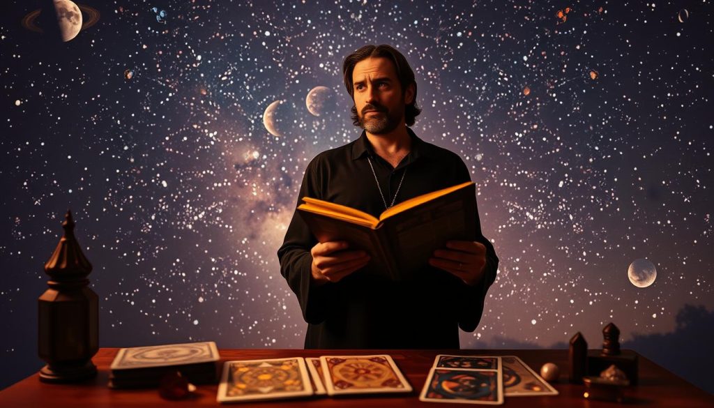 A starry night sky fills the background, with the silhouettes of astrological symbols and celestial objects like planets, moons, and constellations. In the middle ground, an astrologer stands thoughtfully, casting a wise gaze as they hold an open book. Soft, warm lighting illuminates the scene, creating a contemplative and serene atmosphere. In the foreground, tarot cards, crystals, and other divination tools are arranged, hinting at the insights and recommendations the astrologer is about to share. The overall composition conveys a sense of mystery, wisdom, and the interconnectedness of the cosmos.