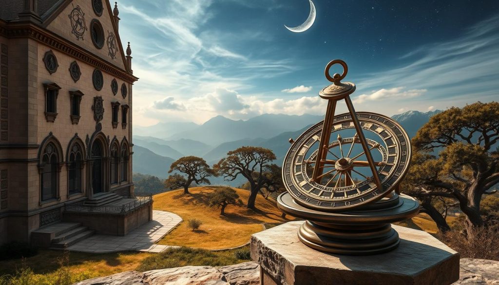 A stately abbey overlooking a celestial landscape, its facade adorned with astrological symbols and intricate carvings. In the foreground, an antique astrolabe sits atop a weathered stone pedestal, its brass mechanisms gleaming in the soft, diffused lighting. The middle ground reveals a rolling hill dotted with ancient oak trees, their branches reaching towards a night sky illuminated by a crescent moon and twinkling stars. The background is dominated by a majestic mountain range, its peaks capped with snow and shrouded in wispy clouds. The overall atmosphere evokes a sense of timeless, scholarly contemplation of the heavens. A stately abbey overlooking a celestial landscape, its facade adorned with astrological symbols and intricate carvings. In the foreground, an antique astrolabe sits atop a weathered stone pedestal, its brass mechanisms gleaming in the soft, diffused lighting. The middle ground reveals a rolling hill dotted with ancient oak trees, their branches reaching towards a night sky illuminated by a crescent moon and twinkling stars. The background is dominated by a majestic mountain range, its peaks capped with snow and shrouded in wispy clouds. The overall atmosphere evokes a sense of timeless, scholarly contemplation of the heavens.
