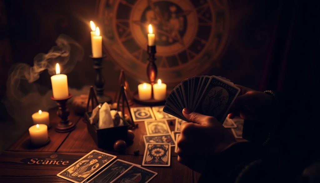 A step-by-step online guide to tarot card reading, featuring a mystic, dimly lit scene. In the foreground, a tarot reader's hands gracefully shuffle a deck of ornate cards, the candlelight casting dramatic shadows. In the middle ground, an old wooden table is adorned with burning candles, crystals, and a spread of tarot cards. Behind, a swirling, hazy background evokes a sense of the occult, with hints of astrological symbols and ethereal energy. Soft, moody lighting creates an atmosphere of introspection and divination, inviting the viewer to embark on a journey of self-discovery through the ancient practice of tarot. A step-by-step online guide to tarot card reading, featuring a mystic, dimly lit scene. In the foreground, a tarot reader's hands gracefully shuffle a deck of ornate cards, the candlelight casting dramatic shadows. In the middle ground, an old wooden table is adorned with burning candles, crystals, and a spread of tarot cards. Behind, a swirling, hazy background evokes a sense of the occult, with hints of astrological symbols and ethereal energy. Soft, moody lighting creates an atmosphere of introspection and divination, inviting the viewer to embark on a journey of self-discovery through the ancient practice of tarot.