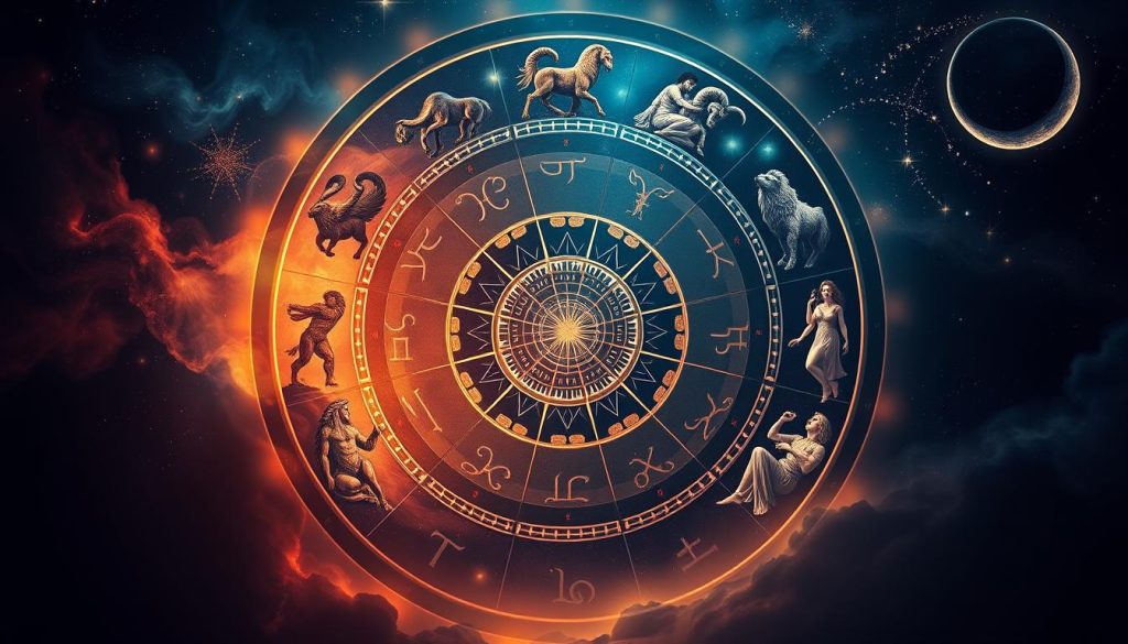 Zodiac sign compatibility: a celestial dance of harmonious fusion. In the foreground, a striking astrological mandala with intricate symbols of twelve zodiac signs, each imbued with its own distinct energy. and cosmic embrace, representing the synerg. wide-angle lens to convey grand scale of this astrological harmony.