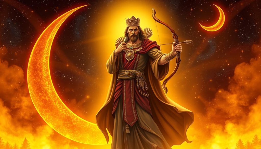 A stunning astrological illustration depicting the Sagittarius zodiac sign. Set against a celestial backdrop of shimmering stars and a crescent moon, a central figure stands in a noble, confident pose. Draped in rich robes and adorned with ornate jewelry, this Sagittarius representation embodies the sign's adventurous, philosophical nature. Warm lighting casts a golden glow, creating an atmospheric, mystical ambiance. Intricate details, such as the archer's bow and arrow, and symbolic flourishes complement the overall astrological theme. The composition is balanced and visually compelling, drawing the viewer into the captivating world of Sagittarian astrology. A stunning astrological illustration depicting the Sagittarius zodiac sign. Set against a celestial backdrop of shimmering stars and a crescent moon, a central figure stands in a noble, confident pose. Draped in rich robes and adorned with ornate jewelry, this Sagittarius representation embodies the sign's adventurous, philosophical nature. Warm lighting casts a golden glow, creating an atmospheric, mystical ambiance. Intricate details, such as the archer's bow and arrow, and symbolic flourishes complement the overall astrological theme. The composition is balanced and visually compelling, drawing the viewer into the captivating world of Sagittarian astrology.