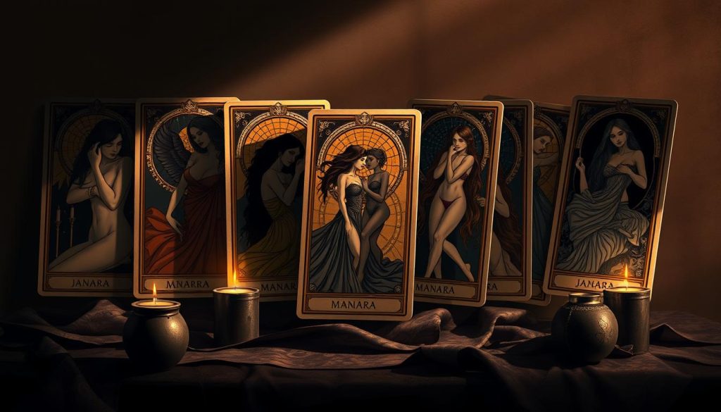 A stunning, high-quality illustration of the Manara Tarot cards, showcasing their captivating and sensual artistry. The cards are presented in a dramatic, chiaroscuro-inspired lighting, casting deep shadows and highlights that accentuate the cards' intricate details and symbolism. The cards are arranged in a visually pleasing composition, with the central focus on a few key cards that represent the themes of relationships and intimacy. The background is a muted, moody palette that creates a sense of depth and atmosphere, allowing the cards to be the true stars of the image. The overall mood is one of mystery, allure, and the powerful connection between the human experience and the arcane wisdom of the Tarot. A stunning, high-quality illustration of the Manara Tarot cards, showcasing their captivating and sensual artistry. The cards are presented in a dramatic, chiaroscuro-inspired lighting, casting deep shadows and highlights that accentuate the cards' intricate details and symbolism. The cards are arranged in a visually pleasing composition, with the central focus on a few key cards that represent the themes of relationships and intimacy. The background is a muted, moody palette that creates a sense of depth and atmosphere, allowing the cards to be the true stars of the image. The overall mood is one of mystery, allure, and the powerful connection between the human experience and the arcane wisdom of the Tarot.