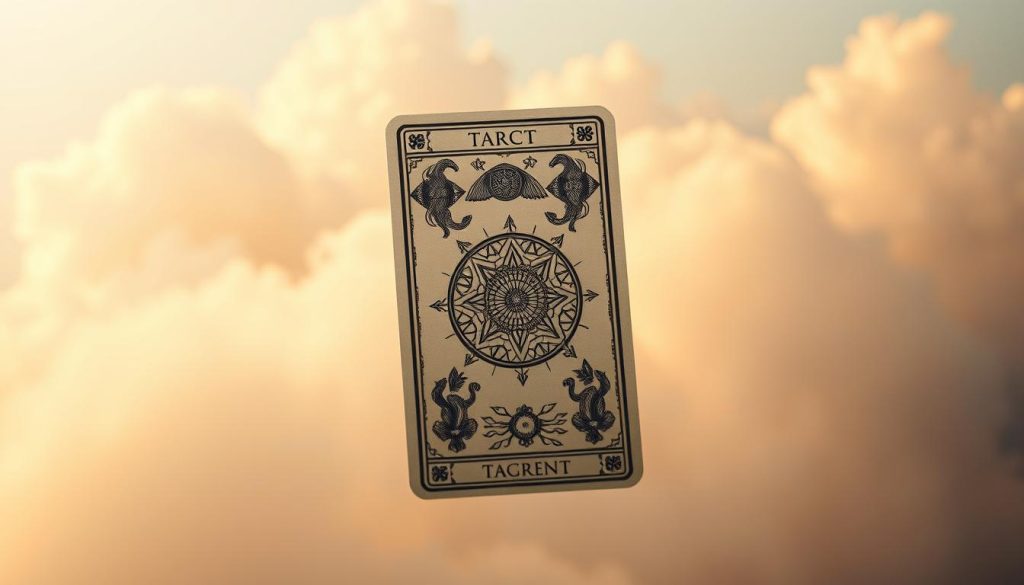 A tarot card floating against a cloudy, ethereal backdrop, illuminated by soft, warm lighting. The card features intricate, hand-drawn illustrations in a classic tarot style, depicting arcane symbols and mystical imagery. The card is positioned centrally, its edges slightly blurred, creating a sense of depth and focus on the card's detailed design. The overall atmosphere is one of tranquility, curiosity, and the unveiling of hidden knowledge, evoking the essence of an online tarot reading experience. A tarot card floating against a cloudy, ethereal backdrop, illuminated by soft, warm lighting. The card features intricate, hand-drawn illustrations in a classic tarot style, depicting arcane symbols and mystical imagery. The card is positioned centrally, its edges slightly blurred, creating a sense of depth and focus on the card's detailed design. The overall atmosphere is one of tranquility, curiosity, and the unveiling of hidden knowledge, evoking the essence of an online tarot reading experience.