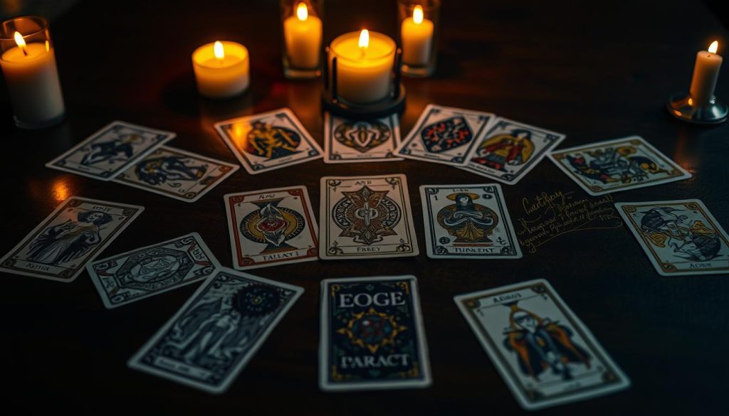 A tarot card spread laid out on a dark wood table, illuminated by warm candlelight. The cards are arranged in a meaningful pattern, their intricate designs and rich colors casting soft shadows. The cards' symbolic meanings are palpable, hinting at the depth of their interpretations. A sense of mystery and introspection permeates the scene, inviting the viewer to delve into the nuances of the tarot's significance. The lighting creates a cozy, intimate atmosphere, drawing attention to the careful placement and interaction of the cards. The overall composition strikes a balance between the material and the ethereal, capturing the essence of blending tarot's symbolic meanings with the specific positions in a spread. A tarot card spread laid out on a dark wood table, illuminated by warm candlelight. The cards are arranged in a meaningful pattern, their intricate designs and rich colors casting soft shadows. The cards' symbolic meanings are palpable, hinting at the depth of their interpretations. A sense of mystery and introspection permeates the scene, inviting the viewer to delve into the nuances of the tarot's significance. The lighting creates a cozy, intimate atmosphere, drawing attention to the careful placement and interaction of the cards. The overall composition strikes a balance between the material and the ethereal, capturing the essence of blending tarot's symbolic meanings with the specific positions in a spread.