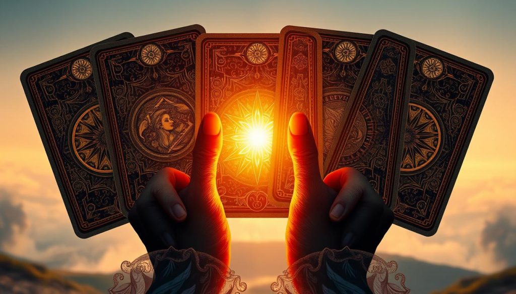 A tarot deck for the enlightened seer, featuring intricate illustrations on richly textured cards. The deck is illuminated by a warm, ethereal light, casting a mystical glow across the scene. The cards are held aloft by elegant, translucent hands, hinting at the deep intuition and spiritual insights they contain. Delicate floral motifs and celestial symbols adorn the borders, evoking a sense of transcendent wisdom. The background is a serene, misty landscape, suggesting the journey of self-discovery and the unveiling of hidden truths. This is a tarot deck for the modern seeker, a tool for exploring the depths of the subconscious and unlocking the secrets of the future.