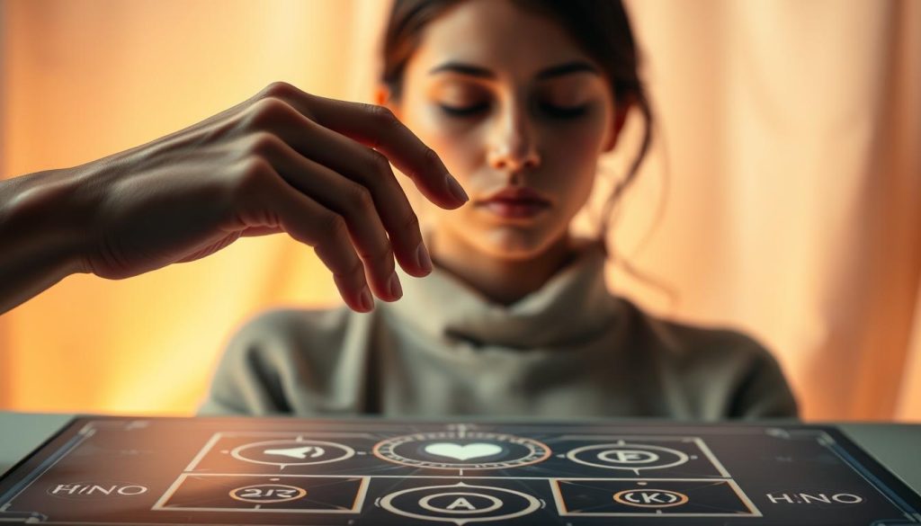 A tranquil and serene online divination ritual, set against a softly glowing background. In the foreground, a graceful hand gestures over a mystical tarot-like interface, its elegant lines and symbols evoking the intuitive process of yes/no fortune-telling. The middle ground features a contemplative figure, eyes closed in deep focus, seeking guidance from the ethereal forces at play. Ambient lighting casts a warm, inviting glow, creating an atmosphere of introspection and discovery. Subtle textures and muted tones lend an air of timelessness, as if this scene could unfold in any era. The overall composition conveys the step-by-step journey of online divination, a bridge between the digital and the mystical. A tranquil and serene online divination ritual, set against a softly glowing background. In the foreground, a graceful hand gestures over a mystical tarot-like interface, its elegant lines and symbols evoking the intuitive process of yes/no fortune-telling. The middle ground features a contemplative figure, eyes closed in deep focus, seeking guidance from the ethereal forces at play. Ambient lighting casts a warm, inviting glow, creating an atmosphere of introspection and discovery. Subtle textures and muted tones lend an air of timelessness, as if this scene could unfold in any era. The overall composition conveys the step-by-step journey of online divination, a bridge between the digital and the mystical.
