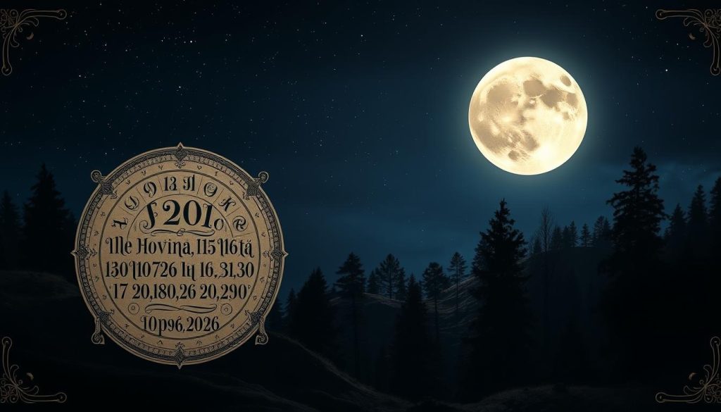 A tranquil lunar calendar landscape, illuminated by a luminous full moon. The foreground features an ornate, handwritten lunar calendar with intricate Slavic-inspired calligraphic elements. The middle ground depicts a serene, nighttime forest scene with silhouetted trees and a mystical atmosphere. The background showcases a star-filled sky, with the moon casting a soft, ethereal glow over the entire composition. The lighting is dramatic, with deep shadows and highlights accentuating the celestial and natural elements. The overall mood is one of mysticism, contemplation, and the ancient connection between humanity and the cycles of the moon.