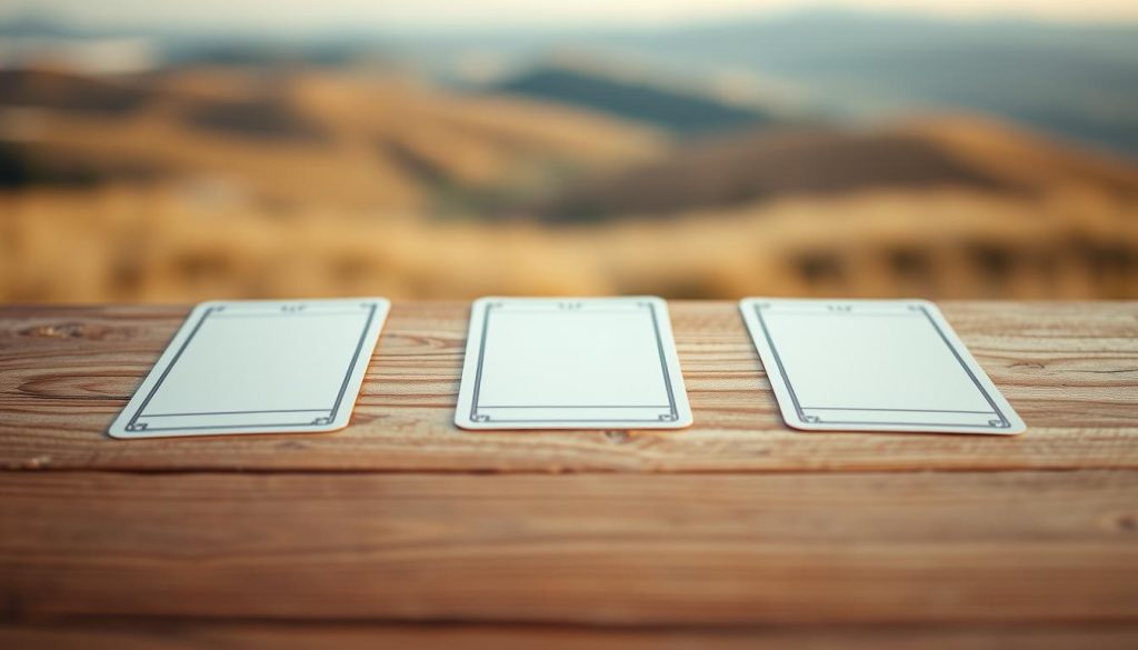 A tranquil, minimalist tarot card spread set against a serene, natural backdrop. In the foreground, three simple tarot cards are laid out in a straightforward manner, their intricate designs subtly illuminated by soft, diffused lighting. The middle ground features a wooden table or surface, its textured grain adding visual interest. In the background, a calming landscape of rolling hills or a serene sky creates a peaceful, contemplative atmosphere. The overall composition conveys a sense of simplicity, clarity, and the grounded beginnings of tarot divination.