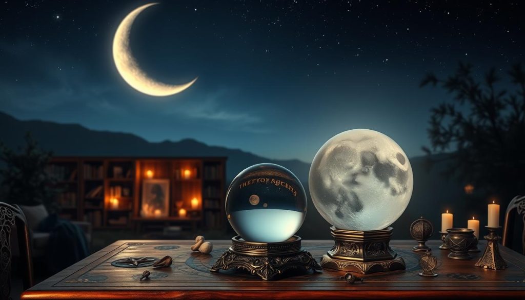 A tranquil night scene with a crescent moon high in the sky, casting a soft, ethereal glow over a serene landscape. In the foreground, a mystical crystal ball rests on an ornate wooden table, its surface reflecting the celestial light. Surrounding the table, various astrological symbols and talismans are arranged, hinting at the divination rituals to be performed. The middle ground features a cozy, dimly lit room with bookshelves and candles flickering, creating an atmosphere of contemplation and introspection. The background blends into a starry night sky, with the moon's phases subtly visible, representing the cyclical nature of time and the rhythms of the natural world. A tranquil night scene with a crescent moon high in the sky, casting a soft, ethereal glow over a serene landscape. In the foreground, a mystical crystal ball rests on an ornate wooden table, its surface reflecting the celestial light. Surrounding the table, various astrological symbols and talismans are arranged, hinting at the divination rituals to be performed. The middle ground features a cozy, dimly lit room with bookshelves and candles flickering, creating an atmosphere of contemplation and introspection. The background blends into a starry night sky, with the moon's phases subtly visible, representing the cyclical nature of time and the rhythms of the natural world.