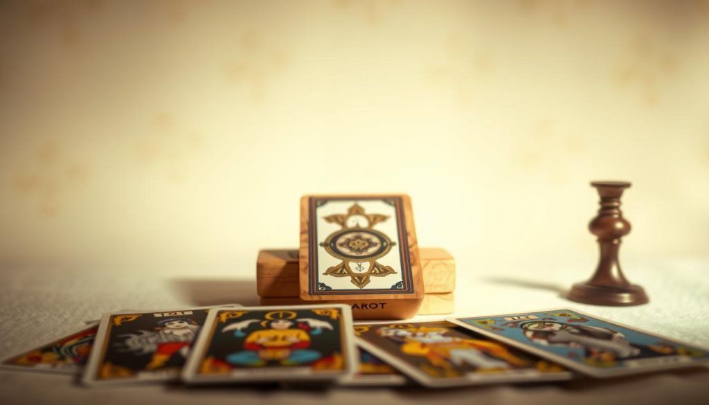 A tranquil scene of a tarot card collection for beginners, set against a soft, neutral background. In the foreground, a selection of classic tarot cards, their intricate designs and vibrant colors inviting closer inspection. In the middle ground, a wooden tarot card deck, its cover adorned with mystical symbols, rests on a simple, natural-toned surface. Warm, diffused lighting illuminates the scene, creating a serene, contemplative atmosphere. The background features a subtle, blurred pattern, hinting at the rich tradition and depth of tarot without distracting from the main focus. This image conveys the accessible and approachable nature of tarot for those new to the practice, encouraging exploration and discovery.