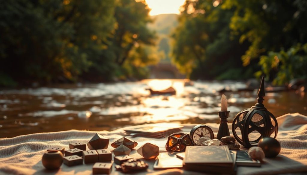 A tranquil scene of mystical days for divination, set against a soft, ethereal backdrop. In the foreground, a collection of esoteric artifacts - runes, crystals, and tarot cards - are arranged with care, hinting at the ancient rituals to be performed. The middle ground features a gently flowing river, its surface reflecting the warm, golden light of the setting sun. In the distance, a lush forest frames the scene, its verdant canopy suggesting a sense of timelessness and connection to the natural world. The overall mood is one of quiet contemplation, inviting the viewer to consider the power and mystery of the days when divination is possible.