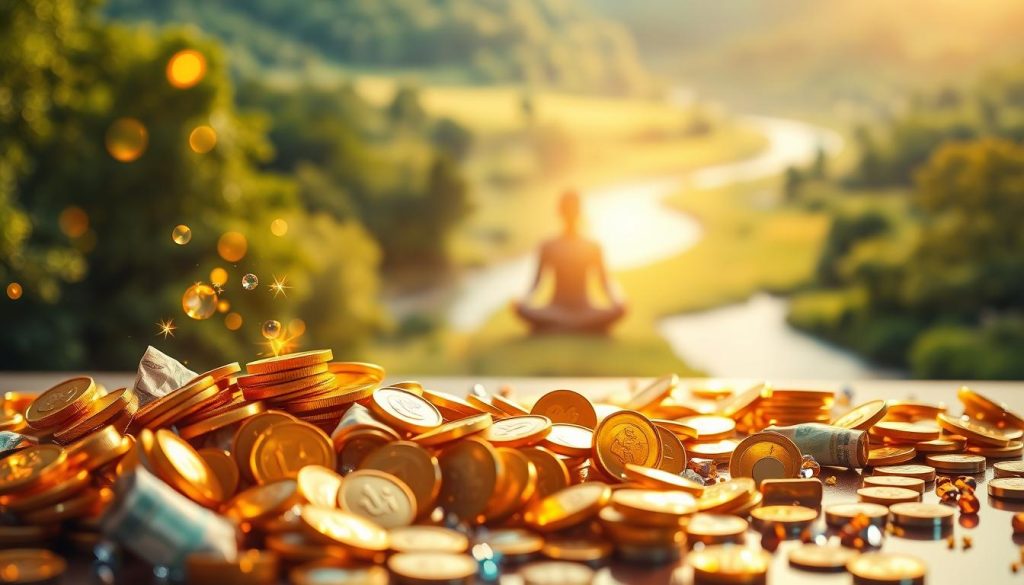 A tranquil scene of prosperity and abundance. In the foreground, a harmonious arrangement of glowing gold coins, flowing currency, and sparkling gemstones. In the middle ground, a serene figure sits in meditation, radiating inner peace and spiritual enlightenment. The background depicts a lush, verdant landscape with a meandering river, symbolizing the ebb and flow of wealth and well-being. Soft, warm lighting casts a gentle glow, evoking a sense of contentment and fulfillment. The composition is balanced and visually pleasing, capturing the essence of numerology's influence on finance, relationships, and emotional state.