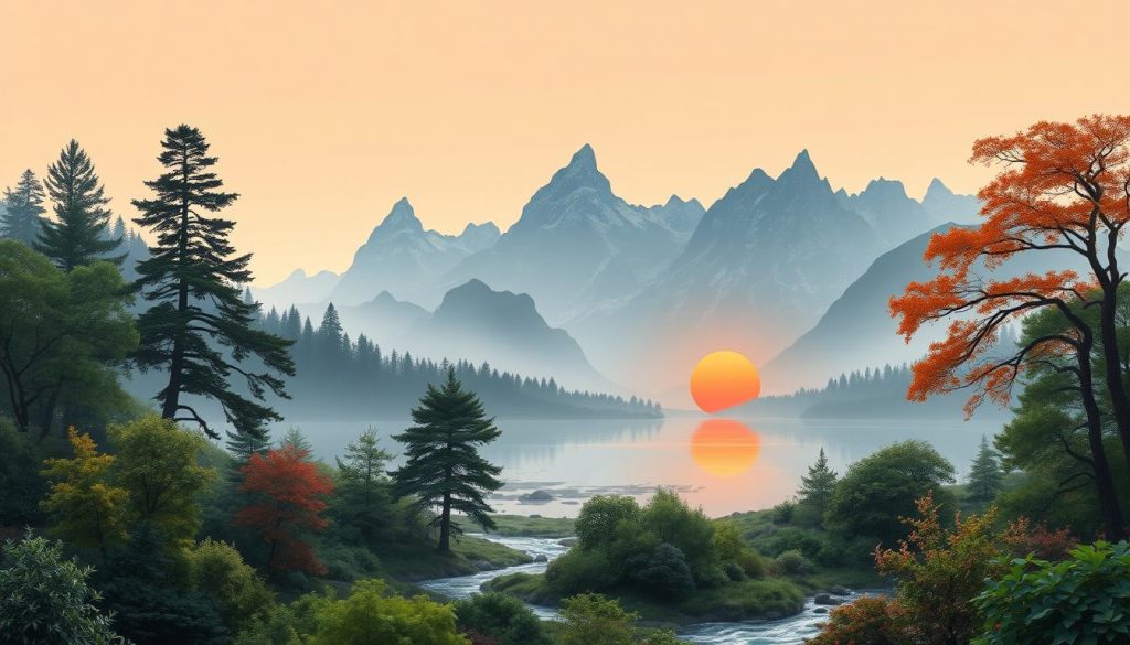 A tranquil scene of the five elemental forces of feng shui - wood, fire, earth, metal, and water - harmoniously coexisting. In the foreground, a lush forest with verdant trees and flowing streams. In the middle ground, a serene lake reflects the orange and red hues of a setting sun. Towering mountains in the background, their rocky peaks capped with snow. Soft, diffused lighting creates a serene, contemplative atmosphere. Complementary colors and organic shapes evoke the balance and interconnectedness of the zodiacal elements. The composition suggests the cosmic dance of yin and yang, inviting the viewer to ponder the mysteries of the universe. A tranquil scene of the five elemental forces of feng shui - wood, fire, earth, metal, and water - harmoniously coexisting. In the foreground, a lush forest with verdant trees and flowing streams. In the middle ground, a serene lake reflects the orange and red hues of a setting sun. Towering mountains in the background, their rocky peaks capped with snow. Soft, diffused lighting creates a serene, contemplative atmosphere. Complementary colors and organic shapes evoke the balance and interconnectedness of the zodiacal elements. The composition suggests the cosmic dance of yin and yang, inviting the viewer to ponder the mysteries of the universe.
