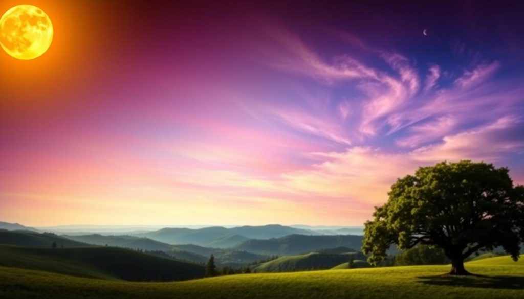 A tranquil solstice and equinox scene, illuminated by a warm, golden sun overhead. In the foreground, a serene lunar cycle is depicted, with the waxing and waning phases of the moon visible. The middle ground features a lush, verdant landscape, with rolling hills and a majestic tree casting gentle shadows. In the background, the horizon is adorned with a vibrant, colorful sky, filled with wispy clouds and a subtle hint of celestial bodies. The overall atmosphere is one of balance, harmony, and the cyclical nature of the cosmos.