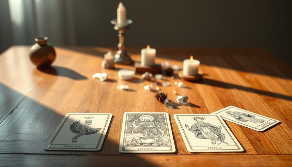 A tranquil tarot spread unfurls across a wooden table, the cards cast in a warm, natural light. The foreground features three upright tarot cards, their intricate illustrations subtly detailed. In the middle ground, a sprinkling of crystals, candles, and incense lend an air of contemplative ritual. The background fades into a serene, minimalist setting, allowing the focus to remain on the core tarot elements. The overall composition exudes a sense of simplicity, guidance, and the initial steps of a beginner's tarot journey. A tranquil tarot spread unfurls across a wooden table, the cards cast in a warm, natural light. The foreground features three upright tarot cards, their intricate illustrations subtly detailed. In the middle ground, a sprinkling of crystals, candles, and incense lend an air of contemplative ritual. The background fades into a serene, minimalist setting, allowing the focus to remain on the core tarot elements. The overall composition exudes a sense of simplicity, guidance, and the initial steps of a beginner's tarot journey.