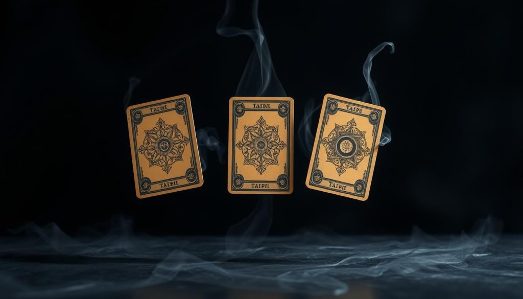 A triptych of tarot cards levitating against a dark, mystical background. The three cards are backlit, casting soft, warm light onto the surface they're suspended above. The cards feature intricate, hand-painted designs in muted, earthy tones. Wisps of smoke or energy swirl around the cards, creating a sense of movement and metaphysical power. The composition is balanced, with the cards arranged in an aesthetically pleasing, triangular formation. The atmosphere is contemplative, inviting the viewer to ponder the deeper meanings and interpretations of the tarot spread. A triptych of tarot cards levitating against a dark, mystical background. The three cards are backlit, casting soft, warm light onto the surface they're suspended above. The cards feature intricate, hand-painted designs in muted, earthy tones. Wisps of smoke or energy swirl around the cards, creating a sense of movement and metaphysical power. The composition is balanced, with the cards arranged in an aesthetically pleasing, triangular formation. The atmosphere is contemplative, inviting the viewer to ponder the deeper meanings and interpretations of the tarot spread.
