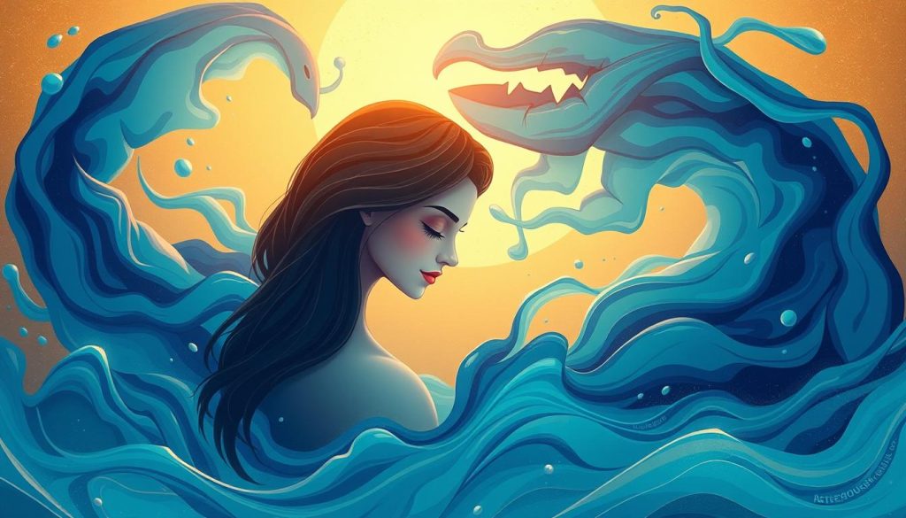 A serene, pastel-тоненого scénи відхиляє interaction між Cancer zodiac sign and their ideal partner. У foreground, а Cancer фігури сіті поважно, їх intuitive gaze focused inward. Висловлюються символи з Cancer's nurturing nature - seashells, watery textures, and lush, comforting foliage. tranquility and harmony permeate the scene.