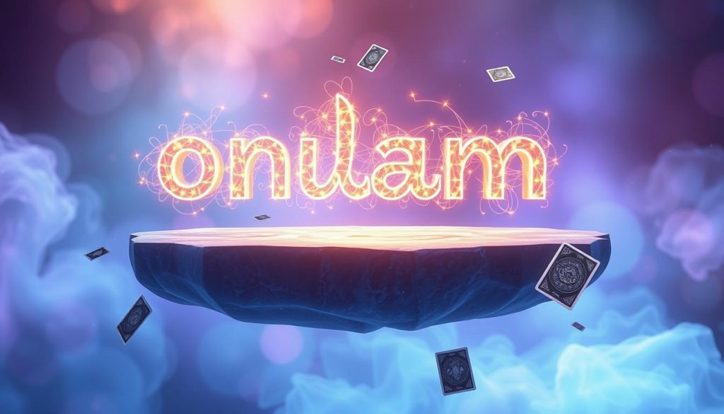 A vibrant and ethereal online tarot reading experience. A serene floating platform in a mystical, ethereal realm, bathed in soft, diffused light. The word "онлайн" hovers gracefully, its letters constructed from glowing, holographic wisps that seem to emanate energy. Tarot cards drift lazily around the platform, their intricate designs shimmering. A sense of tranquility and intuitive connection permeates the scene, inviting the viewer to engage in a free, insightful online tarot reading.