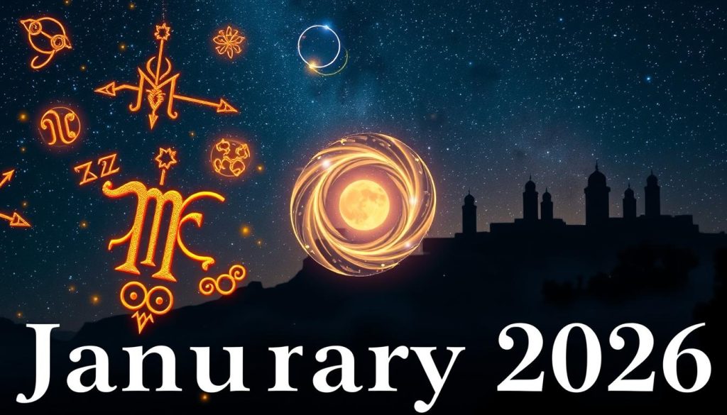 A vibrant astrological forecast for January 2026, showcasing a celestial tableau against a starry night sky. In the foreground, a constellation of zodiac symbols in ornate, gilded designs float ethereally, casting a warm, otherworldly glow. In the middle ground, a planetary alignment shimmers, surrounded by swirling cosmic energy. In the distant background, the silhouettes of ancient architectural structures stand tall, evoking a sense of mysticism and timelessness. The entire scene is bathed in a soft, ambient light, creating an atmosphere of wonder and divination.