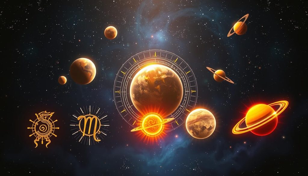 A vibrant astrological illustration depicting the celestial influence of planets on zodiac signs. Set against a starry night sky, intricate planetary bodies hover over dynamic zodiac symbols, casting their mystical energies. In the foreground, glowing aura-like effects radiate from each sign, visualizing the unique astral connections. The middle ground features a sophisticated arrangement of planetary spheres, their orbits and phases intertwined. In the background, a nebulous cosmic backdrop swirls with ethereal luminance, enhancing the sense of esoteric wonder. Lighting is dramatic, with dramatic chiaroscuro effects highlighting the interplay of light and shadow. The overall mood is one of deep astrological significance and celestial mysticism. A vibrant astrological illustration depicting the celestial influence of planets on zodiac signs. Set against a starry night sky, intricate planetary bodies hover over dynamic zodiac symbols, casting their mystical energies. In the foreground, glowing aura-like effects radiate from each sign, visualizing the unique astral connections. The middle ground features a sophisticated arrangement of planetary spheres, their orbits and phases intertwined. In the background, a nebulous cosmic backdrop swirls with ethereal luminance, enhancing the sense of esoteric wonder. Lighting is dramatic, with dramatic chiaroscuro effects highlighting the interplay of light and shadow. The overall mood is one of deep astrological significance and celestial mysticism.