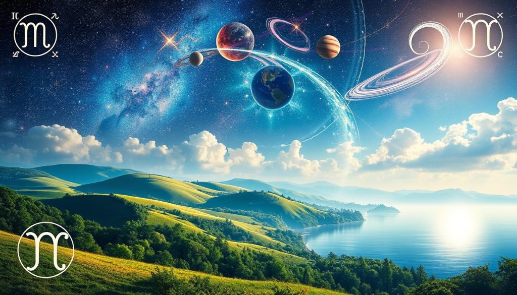 A vibrant astrological tableau depicting the celestial forces that shape our daily lives. A night sky filled with twinkling stars and swirling galaxies casts a ethereal glow upon a tranquil daytime scene below. Sweeping constellations and planetary bodies hover in the heavens, their mystical energies radiating down to influence the activities, moods, and fortunes of those on Earth. Gentle sunlight filters through wispy clouds, illuminating the lush natural landscape - rolling hills, verdant forests, and a serene body of water reflecting the cosmic dance above. Symbolic zodiac sigils and celestial motifs subtly adorn the setting, weaving the cosmic and earthly realms together in a harmonious, visually captivating composition. A vibrant astrological tableau depicting the celestial forces that shape our daily lives. A night sky filled with twinkling stars and swirling galaxies casts a ethereal glow upon a tranquil daytime scene below. Sweeping constellations and planetary bodies hover in the heavens, their mystical energies radiating down to influence the activities, moods, and fortunes of those on Earth. Gentle sunlight filters through wispy clouds, illuminating the lush natural landscape - rolling hills, verdant forests, and a serene body of water reflecting the cosmic dance above. Symbolic zodiac sigils and celestial motifs subtly adorn the setting, weaving the cosmic and earthly realms together in a harmonious, visually captivating composition.