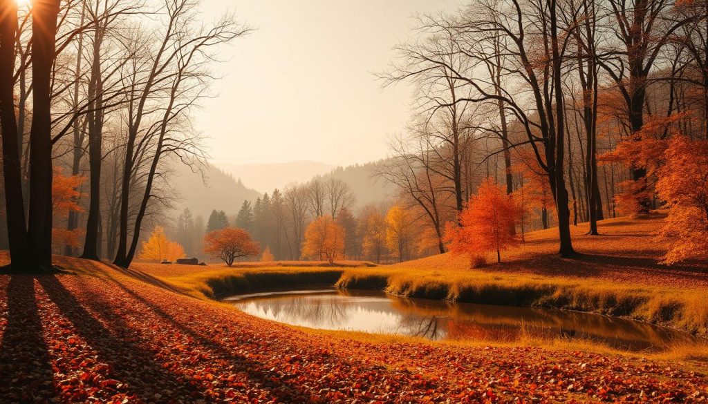 a vibrant autumn landscape in mid-November, with a warm, golden light casting a cozy glow across the scene. Tall, bare-branched trees line the edges, their silhouettes standing out against a soft, hazy sky. The ground is covered in a lush carpet of fallen leaves in shades of crimson, amber, and ochre, creating a sense of seasonal change. In the foreground, a small pond reflects the warm tones of the surrounding foliage, its still surface broken only by the gentle ripples of a light breeze. The overall mood is one of serene contemplation, evoking the unique character and atmosphere of late autumn. a vibrant autumn landscape in mid-November, with a warm, golden light casting a cozy glow across the scene. Tall, bare-branched trees line the edges, their silhouettes standing out against a soft, hazy sky. The ground is covered in a lush carpet of fallen leaves in shades of crimson, amber, and ochre, creating a sense of seasonal change. In the foreground, a small pond reflects the warm tones of the surrounding foliage, its still surface broken only by the gentle ripples of a light breeze. The overall mood is one of serene contemplation, evoking the unique character and atmosphere of late autumn.