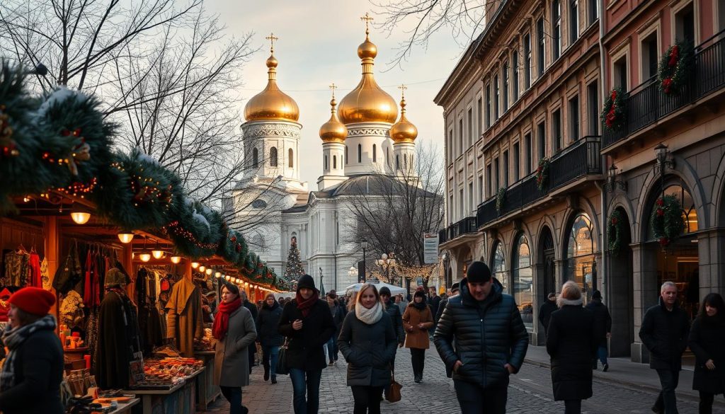 A vibrant autumn scene in Kyiv, Ukraine on November 23, 2025. In the foreground, a bustling outdoor market with vendors selling traditional Ukrainian crafts, warm scarves, and steaming cups of mulled wine. In the middle ground, a grand Orthodox cathedral, its golden domes glimmering in the soft afternoon light. In the background, a row of historic buildings lining a cobblestone street, their facades adorned with twinkling string lights and wreaths of evergreen. Pedestrians stroll by, bundled up against the crisp November air, immersed in the celebratory atmosphere of the holiday season. Dramatic shadows and warm, saturated colors convey the cozy, festive mood of this Ukrainian winter scene. A vibrant autumn scene in Kyiv, Ukraine on November 23, 2025. In the foreground, a bustling outdoor market with vendors selling traditional Ukrainian crafts, warm scarves, and steaming cups of mulled wine. In the middle ground, a grand Orthodox cathedral, its golden domes glimmering in the soft afternoon light. In the background, a row of historic buildings lining a cobblestone street, their facades adorned with twinkling string lights and wreaths of evergreen. Pedestrians stroll by, bundled up against the crisp November air, immersed in the celebratory atmosphere of the holiday season. Dramatic shadows and warm, saturated colors convey the cozy, festive mood of this Ukrainian winter scene.
