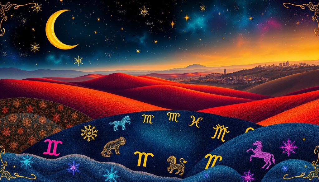 A vibrant, detailed astrological illustration showcasing the horoscopes for all zodiac signs. The foreground depicts a night sky with a crescent moon, glimmering stars, and celestial symbols for each sign. In the middle ground, zodiac icons and color-coded textured patterns dance together, representing the unique traits and energies of each sign. The background features a rich, dreamy landscape with rolling hills, a distant city skyline, and a warm, hazy glow, creating a sense of mysticism and introspection. The overall composition conveys a sense of wonder, wisdom, and the cosmic forces that guide our lives. A vibrant, detailed astrological illustration showcasing the horoscopes for all zodiac signs. The foreground depicts a night sky with a crescent moon, glimmering stars, and celestial symbols for each sign. In the middle ground, zodiac icons and color-coded textured patterns dance together, representing the unique traits and energies of each sign. The background features a rich, dreamy landscape with rolling hills, a distant city skyline, and a warm, hazy glow, creating a sense of mysticism and introspection. The overall composition conveys a sense of wonder, wisdom, and the cosmic forces that guide our lives.
